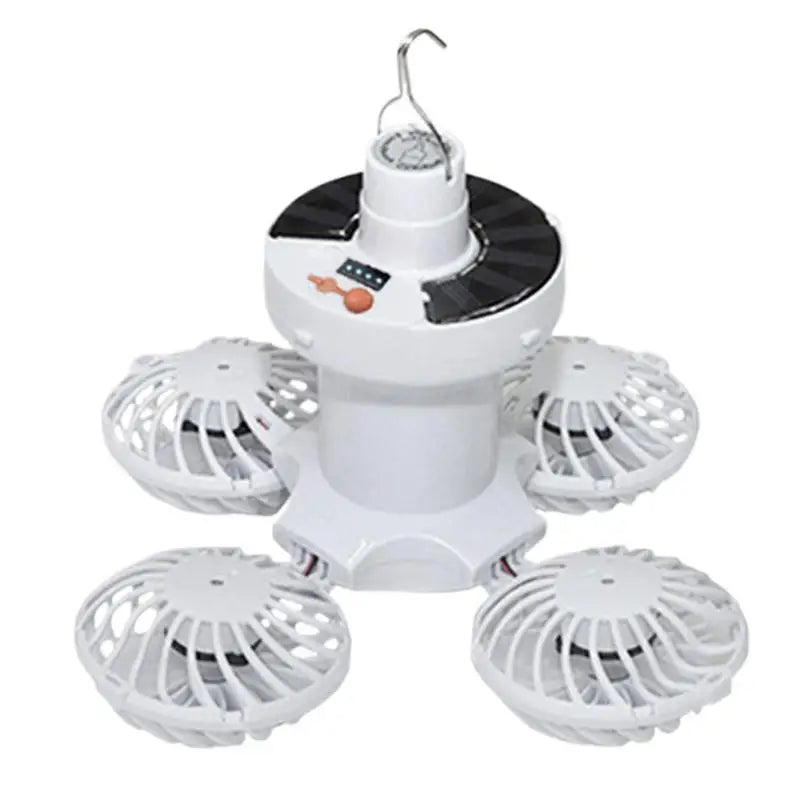 Faltbare Solar Campinglampe mit integriertem Ventilator für autarke Outdoor-Beleuchtung und Kühlung im Zelt.