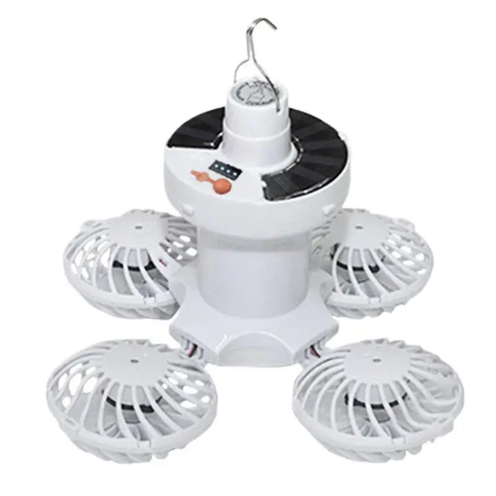 Faltbare Solar Campinglampe mit integriertem Ventilator für autarke Outdoor-Beleuchtung und Kühlung im Zelt.