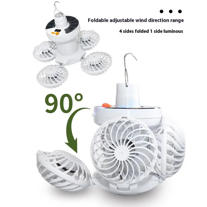 Tragbare LED Solar-Campinglampe mit 3-Stufen-Ventilator, ideal für Zelt, Garten, Terrasse und Notfälle.
