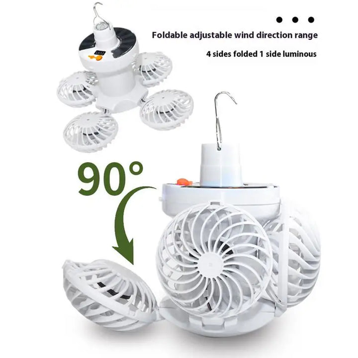 Tragbare LED Solar-Campinglampe mit 3-Stufen-Ventilator, ideal für Zelt, Garten, Terrasse und Notfälle.