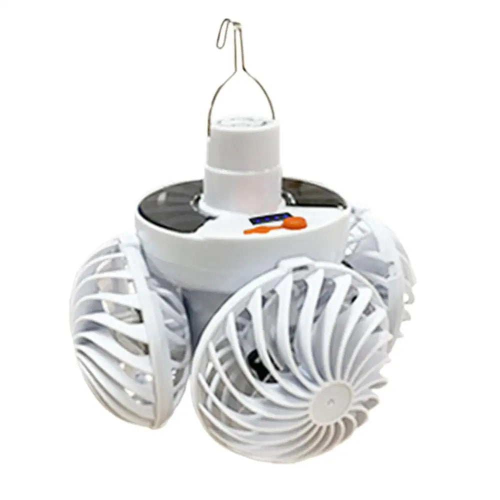 Autarke, faltbare Solar Campinglampe mit Ventilator für Notlicht und Kühlung. Tragbares LED-Licht für Outdoor.