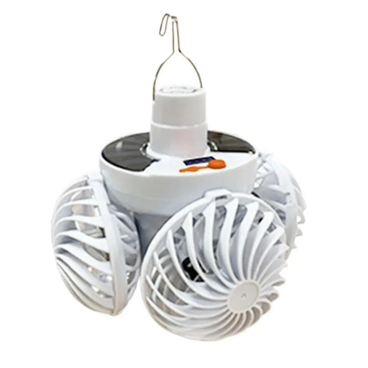 Autarke, faltbare Solar Campinglampe mit Ventilator für Notlicht und Kühlung. Tragbares LED-Licht für Outdoor.