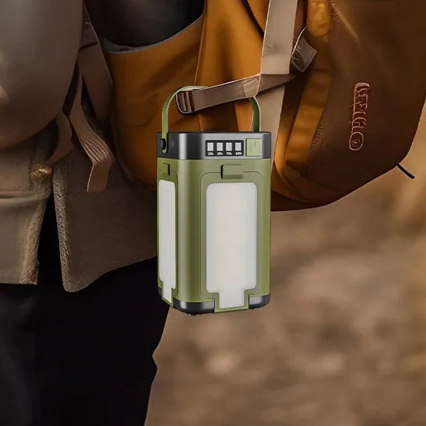 Energieeffiziente Solar-Campinglampe mit faltbarem Design für helles Licht beim Zelten.