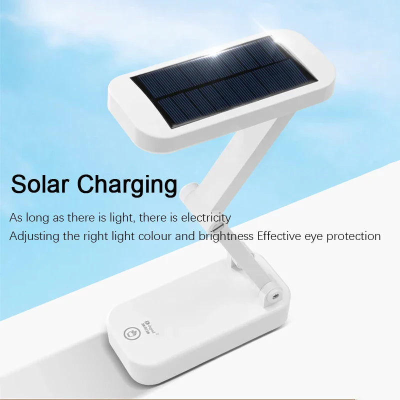 Moderne, tragbare Solar LED Tischlampe, kabellos & faltbar, perfekt für den Nachttisch oder als Leselampe.