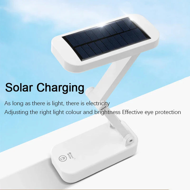 Moderne, tragbare Solar LED Tischlampe, kabellos & faltbar, perfekt für den Nachttisch oder als Leselampe.
