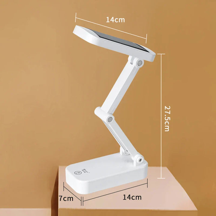 Kabellose Solar LED Schreibtischlampe, dimmbar, faltbar und augenschonend, ideal für Büro und Schlafzimmer.