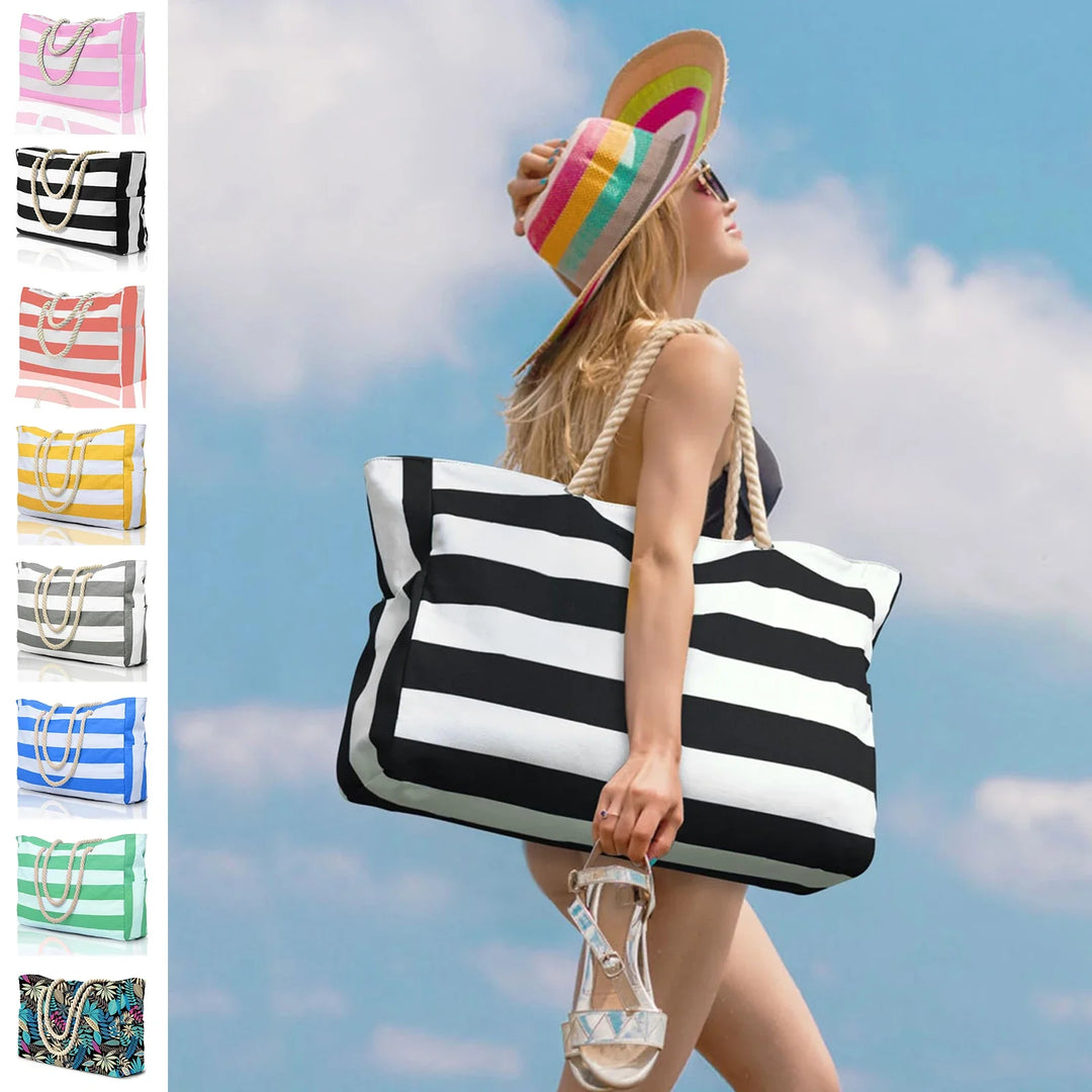 Faltbare Strandtasche mit Reißverschluss, wasser- & sandabweisend, perfekt für Urlaub & Sommer.