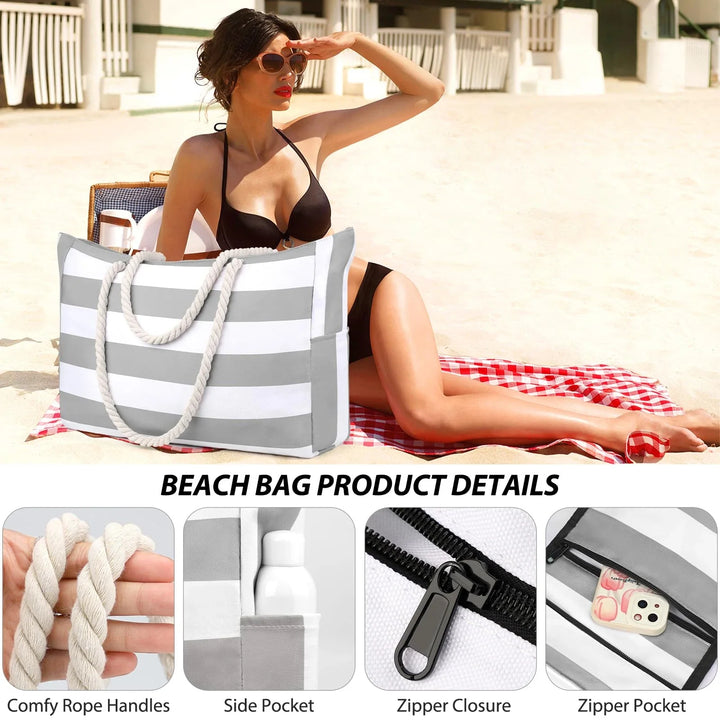 Gestreifte faltbare Strandtasche mit Reißverschluss, wasserdicht & sandabweisend für entspannte Tage.