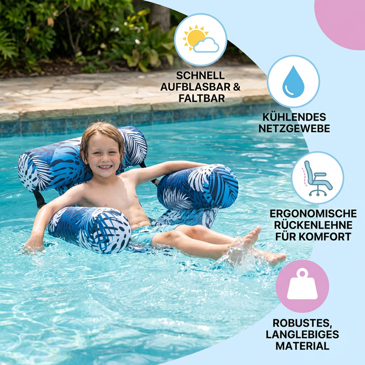 Kompakte, aufblasbare Wasserliege faltbar für leichten Transport. Praktisches Schwimmzubehör & Schwimmhilfe für Urlaub.
