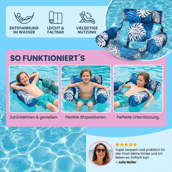 Entspannte Person genießt den Sommer auf einer aufblasbaren Pool-Hängematte mit ergonomischer Rückenlehne im Wasser.