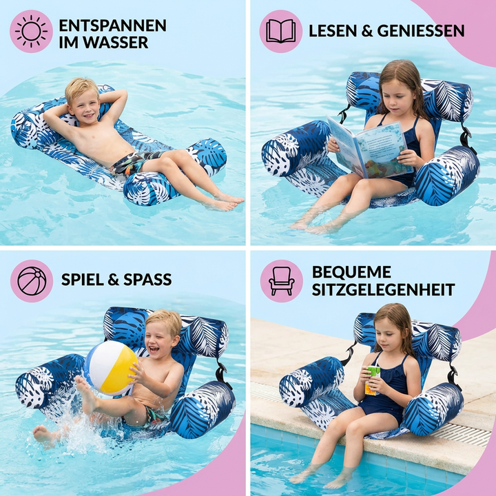 Robuste, faltbare Wasserliege in ansprechendem Unisex-Design. Vielseitige Schwimmhilfe mit bequemer Rückenlehne.