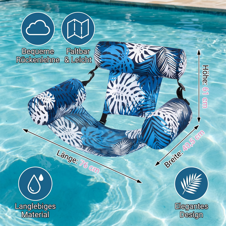 Komfortable Pool-Hängematte mit integrierter Rückenlehne für maximale Entspannung. Ideale faltbare Wasserliege für jeden.