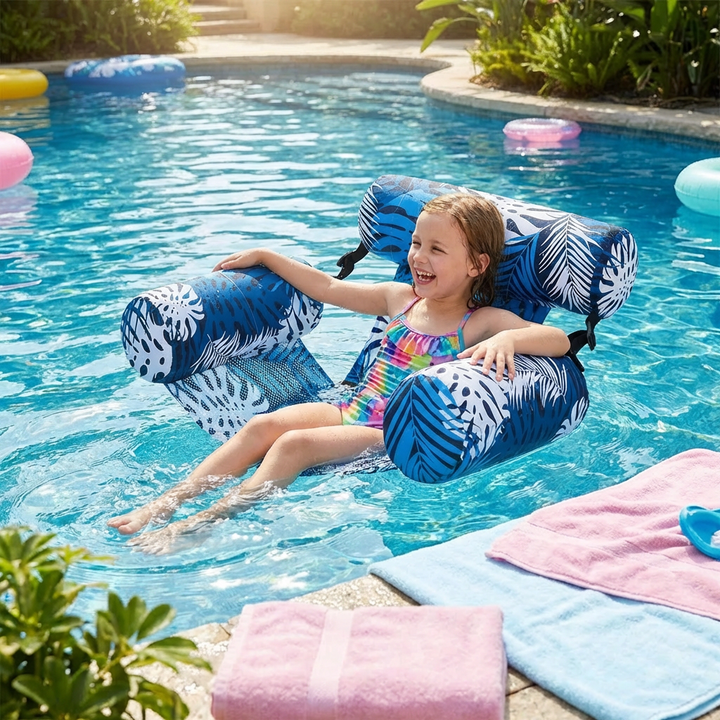 Detailansicht der Faltbaren Wasserliege mit stabiler Rückenlehne. Perfekt für lange Stunden der Entspannung im Sommerwasser.