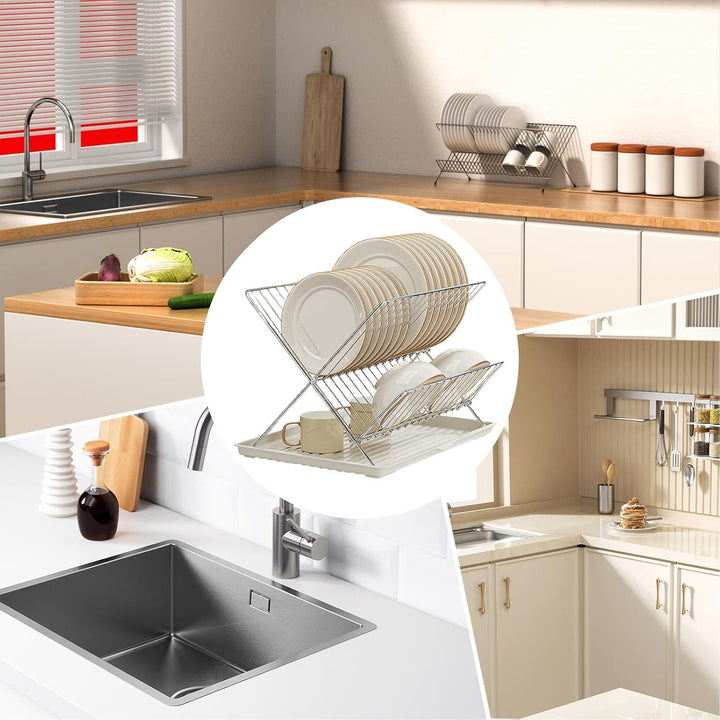 Innovativer 2-stöckiger Geschirrabtropfer, faltbar, optimiert die Küchennutzung.