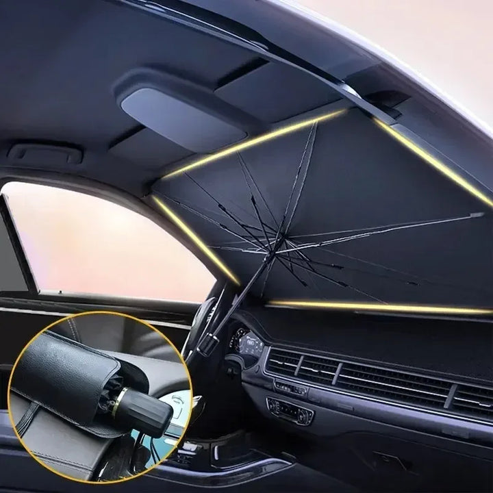 Kompakter Auto-Sonnenschutz Schirm, faltbar. Effektiver UV- & Hitzeschutz für die Fahrzeug-Windschutzscheibe.