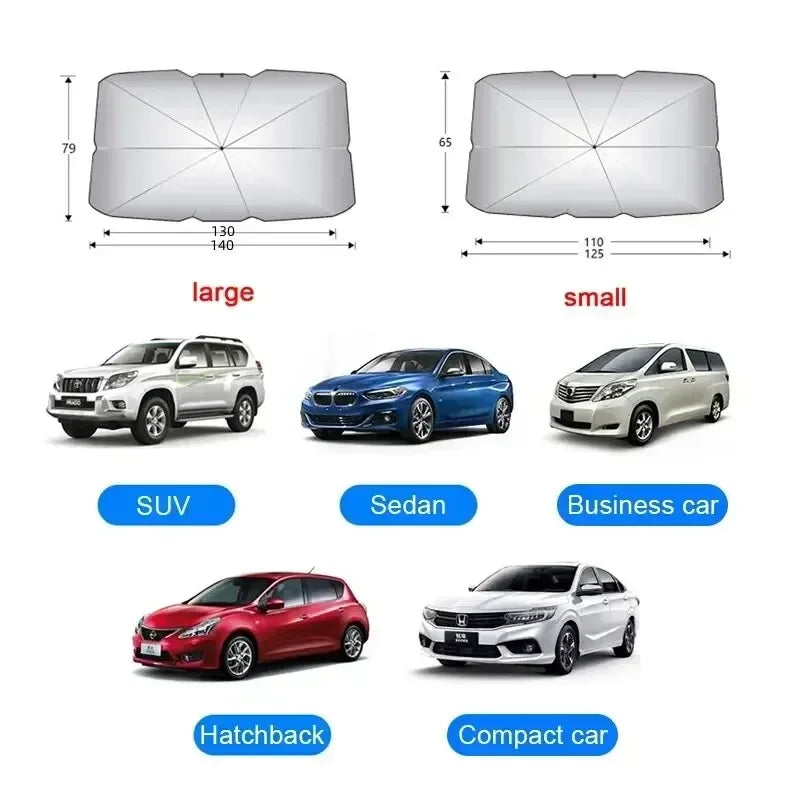 Auto-Sonnenschirm, zusammengefaltet, zeigt kompakte Größe. Ideal für UV- & Hitzeschutz der Windschutzscheibe.