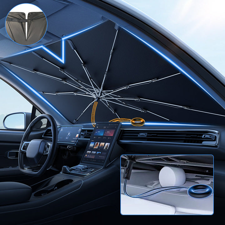 Robuster Auto-Sonnenschirm faltbar für Windschutzscheibe, schützt Armaturenbrett und Innenraum vor Hitze.