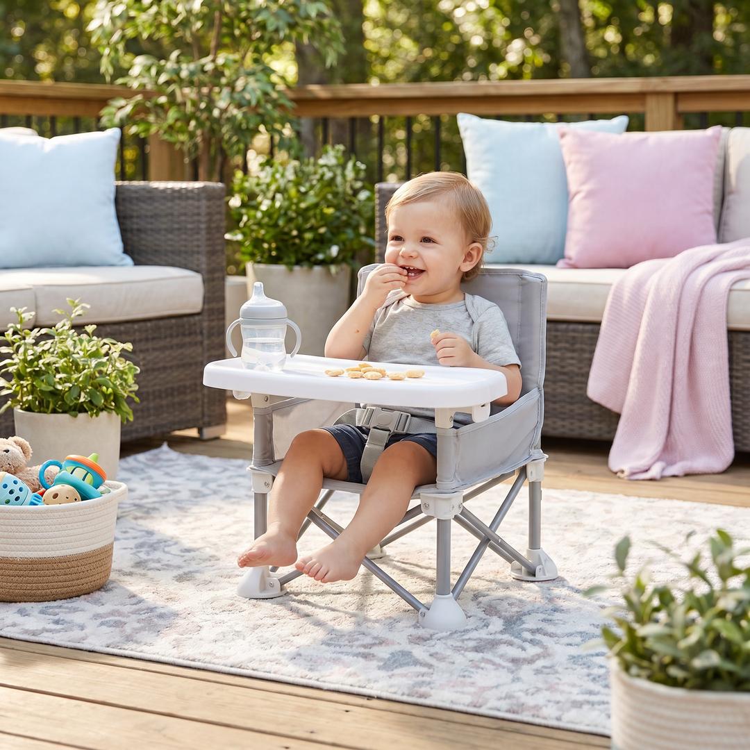 Faltbarer Baby Campingstuhl mit Tablett für unterwegs, ideal für Reisen & Outdoor-Aktivitäten.