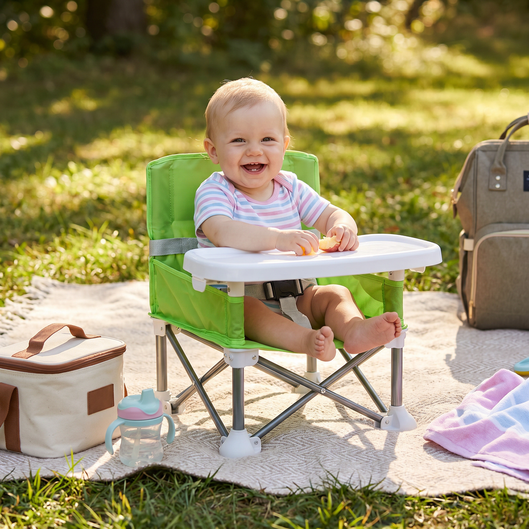 Mobiler Baby Camping Faltstuhl mit Ess-Tablett, wichtiges Babyzubehör für aktive Familien.