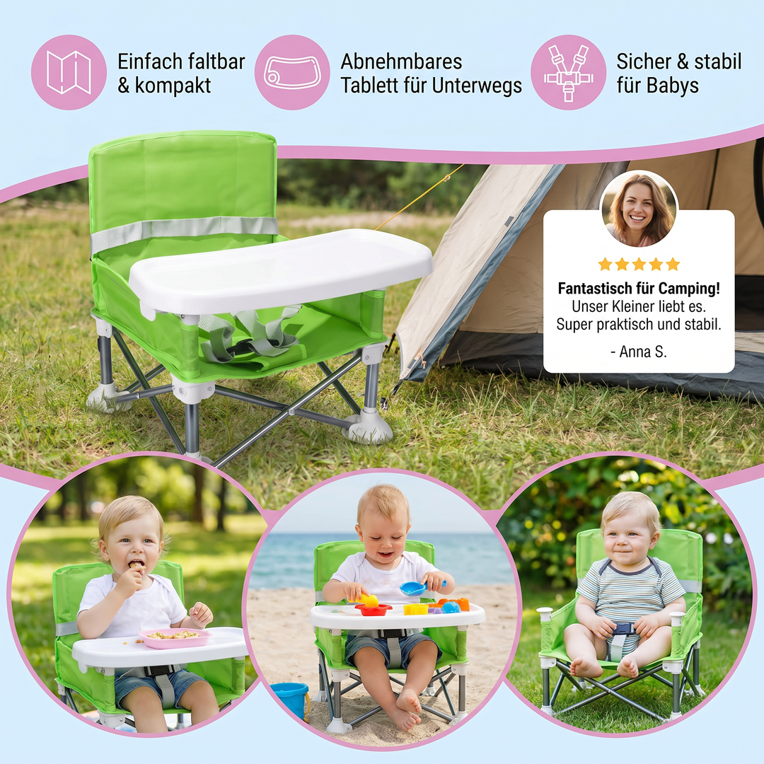 Tragbarer Babystuhl mit Sicherheitsgurt & Tablett, einfach zusammenklappbar für Unterwegs.