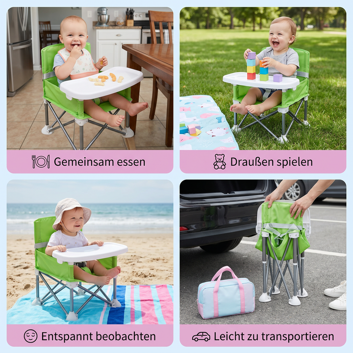 Blauer Baby Reisestuhl, faltbar, mit Esstablett, ideal als Kinderstuhl für Camping & Garten.