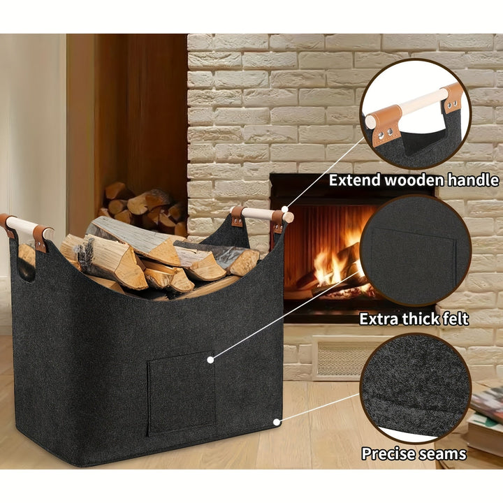 Stilvoller dunkelgrauer Filz Kaminholzkorb FELDURA mit praktischen Holzgriffen für Kaminholz & Wohnaccessoires.