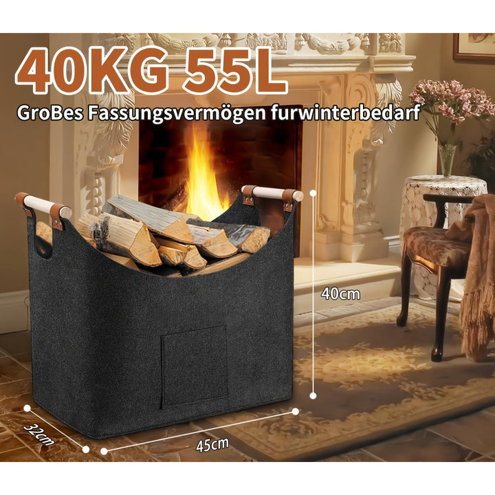 Praktischer 55L Faltkorb aus Filz, dunkelgrau, mit Holzgriffen zum stilvollen Transport & Lagern von Kaminholz.