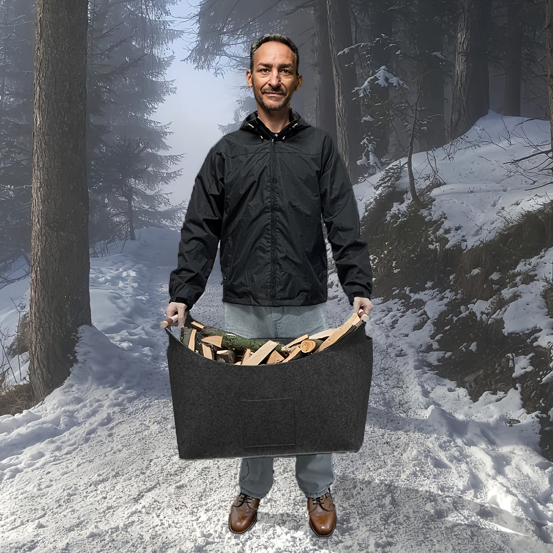 Eleganter dunkelgrauer Filz Aufbewahrungskorb für Kaminholz, mit Holzgriffen, als stilvolles Wohnaccessoire.
