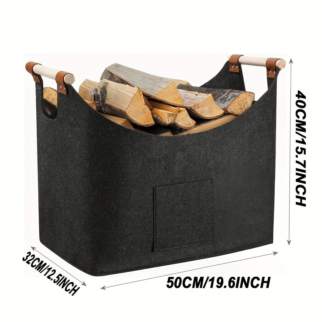 FELDURA Kaminholzkorb aus robustem dunkelgrauem Filz, 55L, mit ergonomischen Holzgriffen für den Kaminbereich.