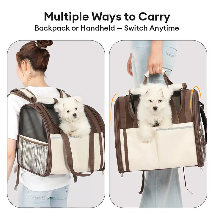 Faltbarer Haustierrucksack mit Netzfenstern für optimale Luftzirkulation. Ideal für Ausflüge.