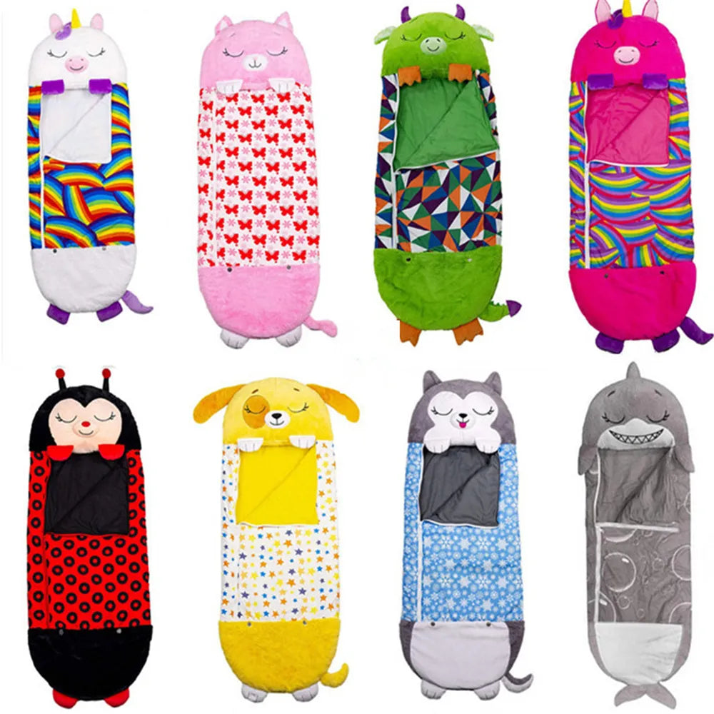 Tier-Kinderschlafsack faltbar, ideal als Kuscheltier und Kissen für Reisen und entspannte Stunden.