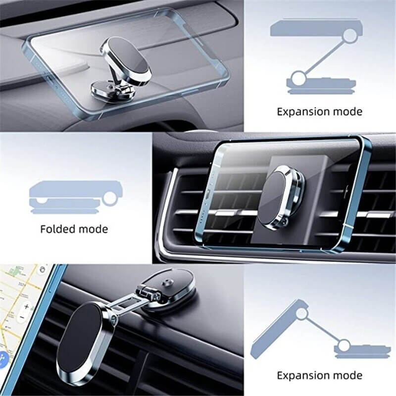 Eleganter, faltbarer Handyhalter aus silbernem Aluminium, magnetisch und universell passend für jedes Auto.