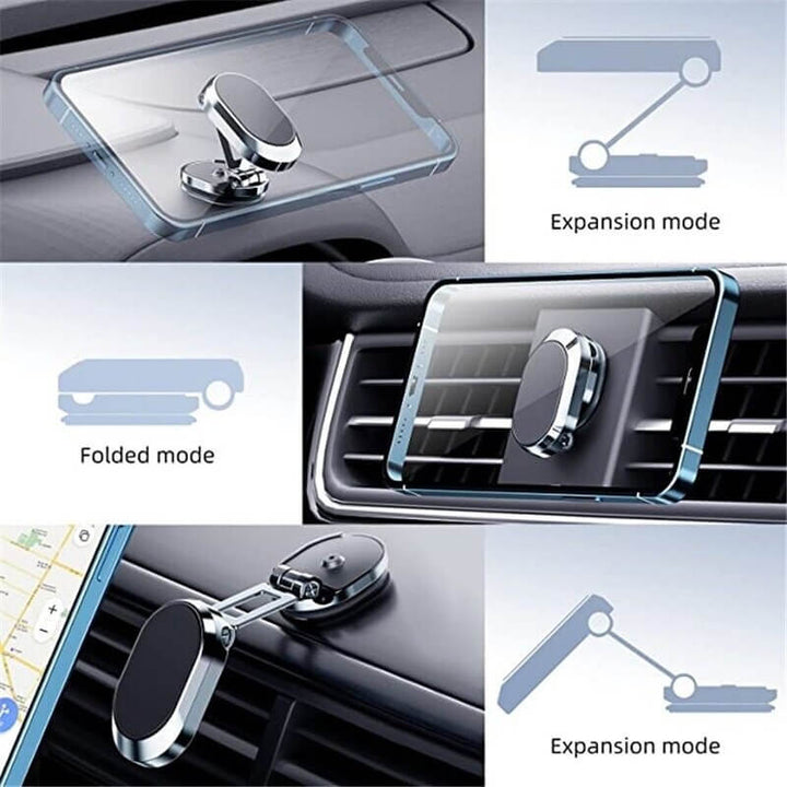 Eleganter, faltbarer Handyhalter aus silbernem Aluminium, magnetisch und universell passend für jedes Auto.