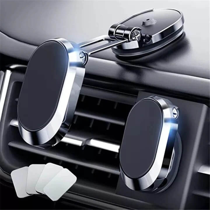 Universal faltbarer Handyhalter für das Auto, magnetisch und einfach an Armaturenbrett oder Windschutzscheibe montierbar.