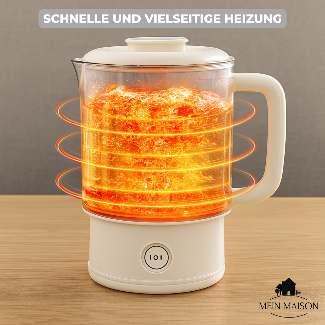 Edelstahl Reise-Wasserkocher, faltbar und mobil, perfekt für Babynahrung unterwegs.