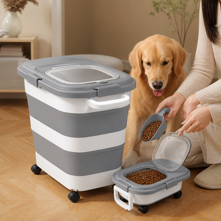 Faltbarer Tierfutterbehälter mit Rollen und Schaufel für Hundefutter & Katzenfutter, hält Futter frisch.