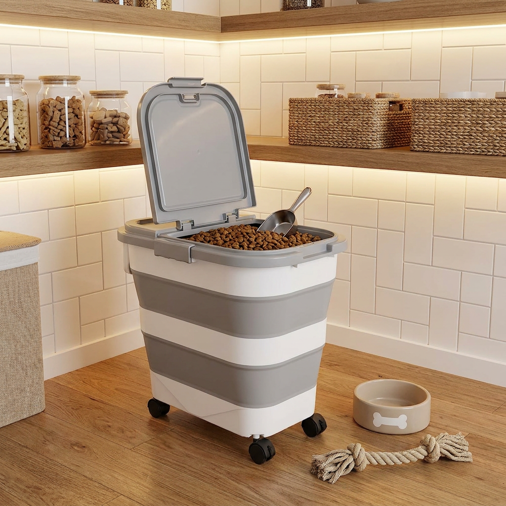Organizer für Haustierfutter: faltbarer Behälter mit Rollen & Schaufel, ideal für Hundefutter & Katzenfutter.