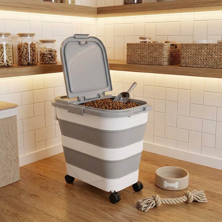Organizer für Haustierfutter: faltbarer Behälter mit Rollen & Schaufel, ideal für Hundefutter & Katzenfutter.