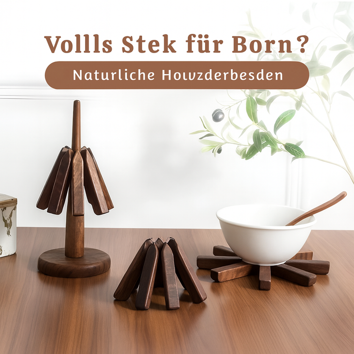 Formschöner Holz Topfuntersetzer, klappbar, perfekte Geschenkidee. Schützt Tische elegant vor Hitze.