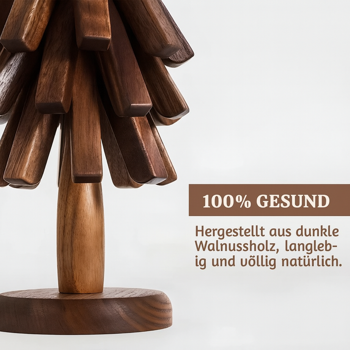 Klappbarer Holzuntersetzer als zuverlässiger Hitzeschutz und Tischschoner. Aus Naturholz, langlebig.