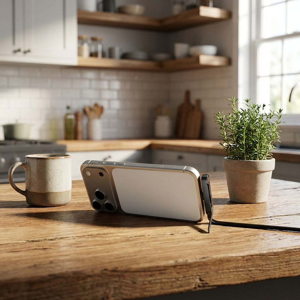 Faltbares 2-in-1 Schnellladekabel mit integriertem Telefonständer für Smartphones. Ideal für unterwegs und auf Reisen.