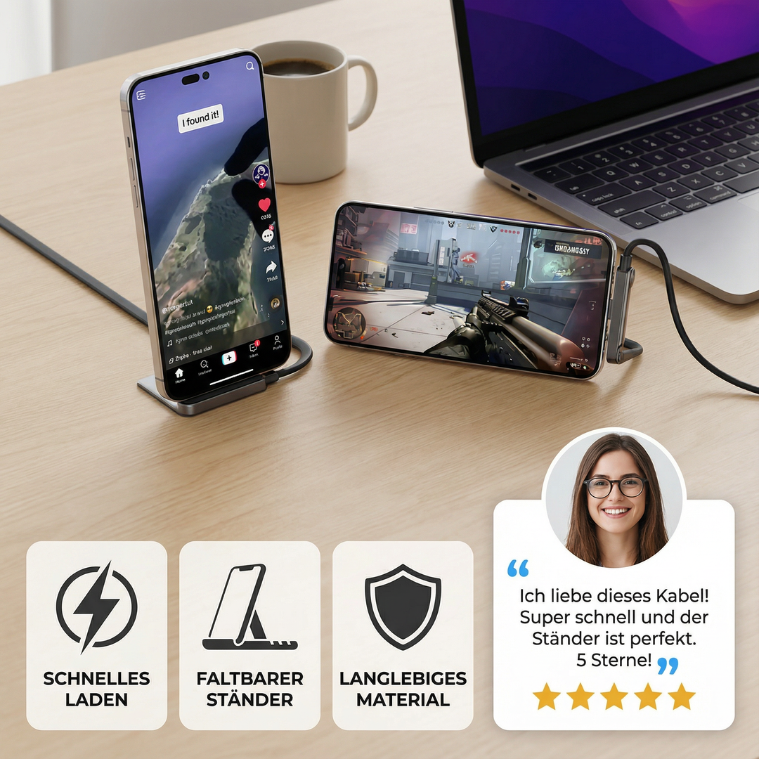 Kompaktes faltbares Ladekabel und Telefonständer 2-in-1. Essentielles Reisezubehör für jedes Smartphone.