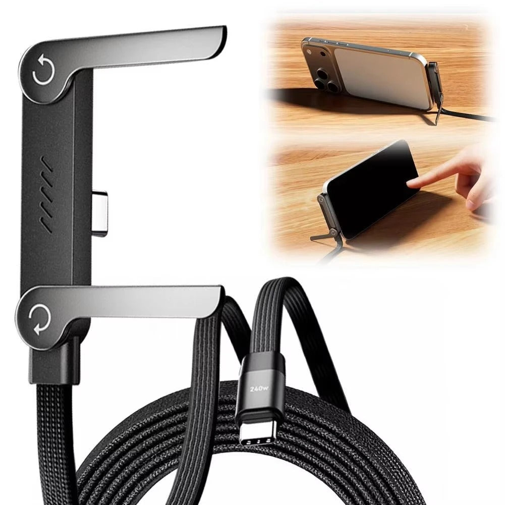 Zusammengeklapptes 2-in-1 Schnellladekabel und Telefonständer, bereit für den Transport. Kompaktes Design.