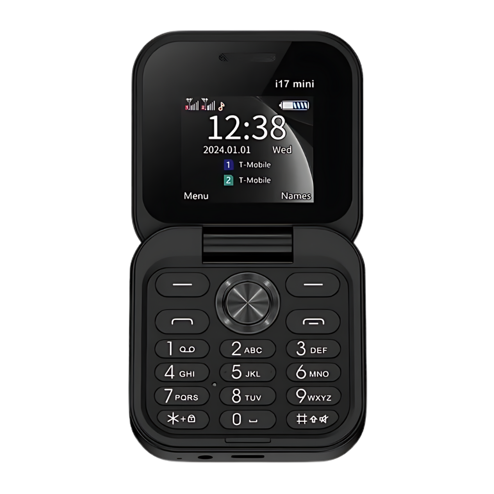 Faltbares Dual-SIM Mobiltelefon von Ozerty, kompakt & vielseitig, offenes Display.