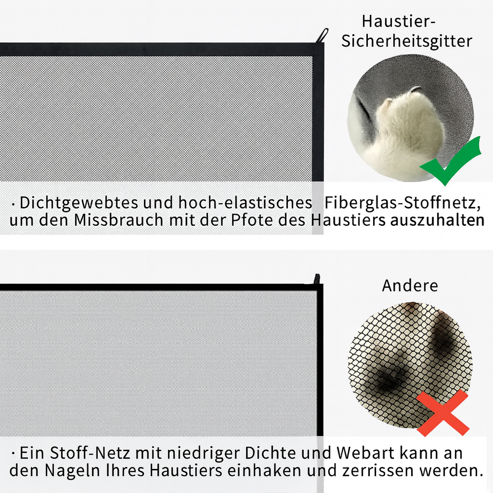 Kompaktes faltbares Hundeabsperrgitter aus Netzgewebe. Ideal für Reisen und mobile Haustiersicherheit, leicht zu verstauen.