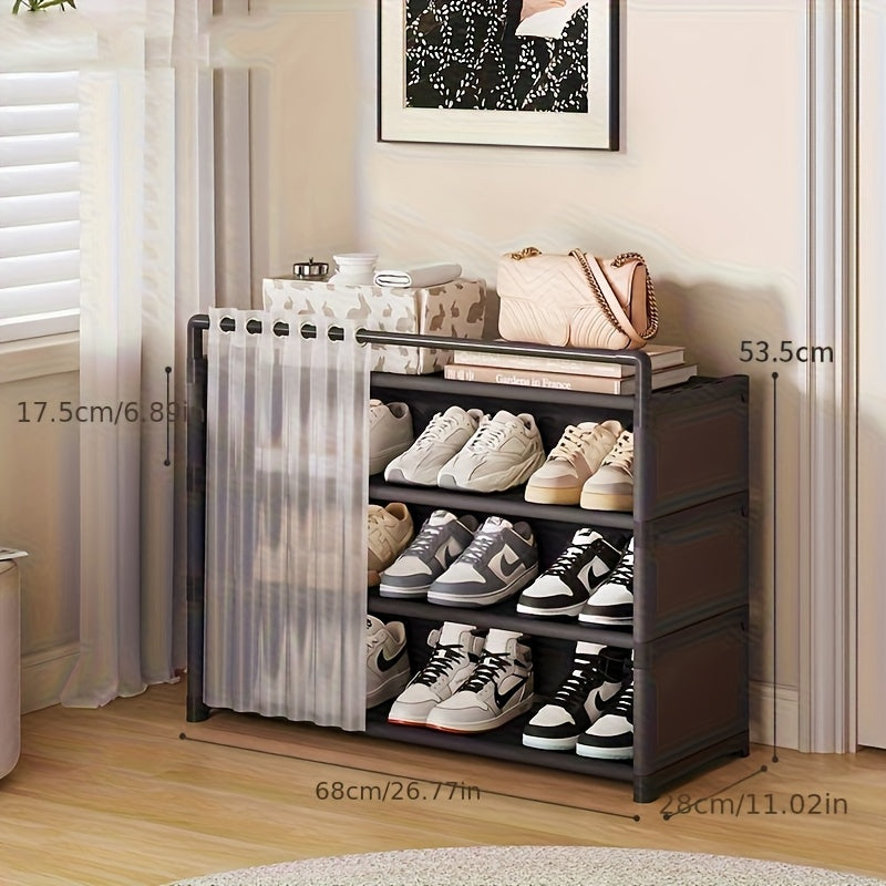 Modernes Schuhregal mit Stoffvorhang, faltbar, ideal für staubfreie Schuhaufbewahrung im Schlafzimmer.