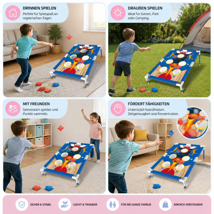 Robustes Sandsack-Wurfset als Familienspiel. Ideal zum Trainieren von Motorik und Koordination für alle Altersgruppen.