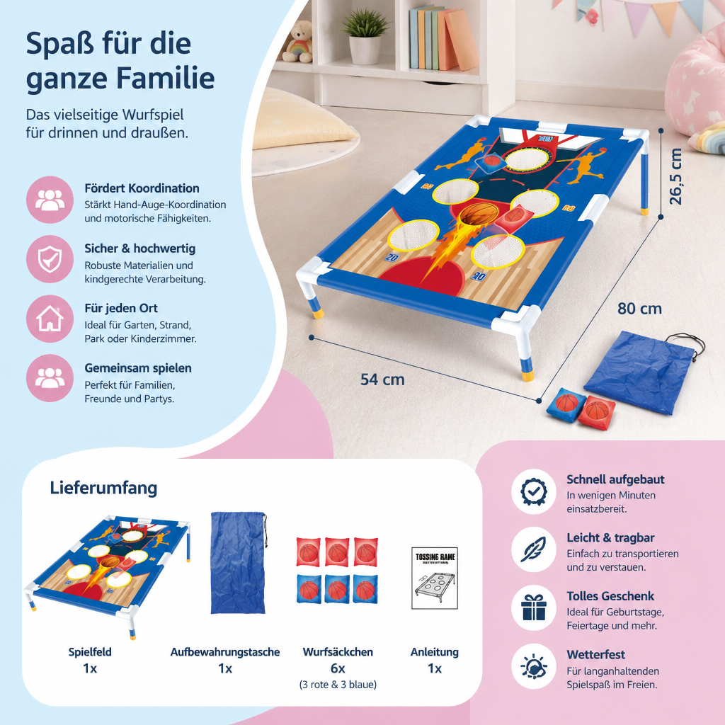 Vielseitiges Sandsack-Wurfspiel für Drinnen & Draußen. Fördert spielerisch Koordination und Motorik als Lernspielzeug.