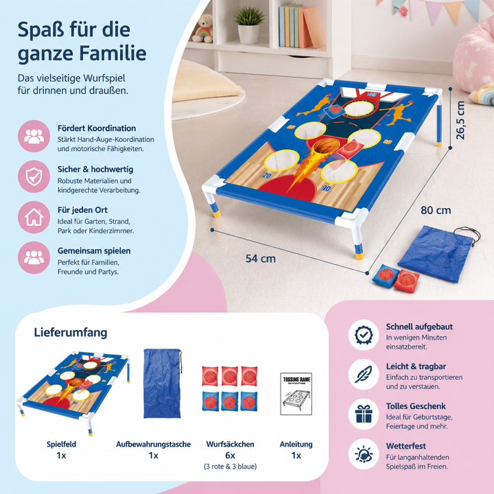 Vielseitiges Sandsack-Wurfspiel für Drinnen & Draußen. Fördert spielerisch Koordination und Motorik als Lernspielzeug.