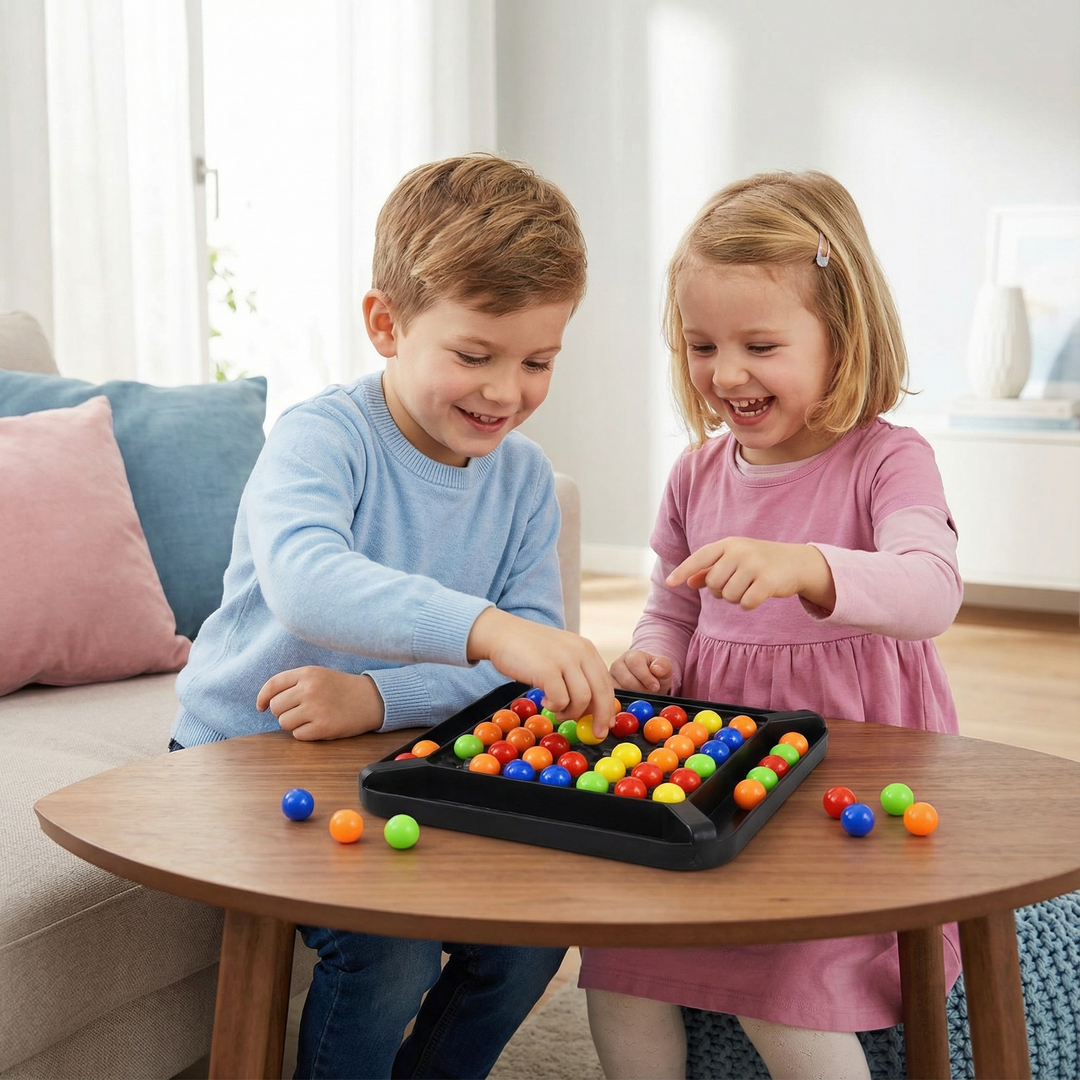 Farben Match Logikspiel mit bunten Kugeln und Spielbrett; interaktives Denkspiel für Kinder & Erwachsene.